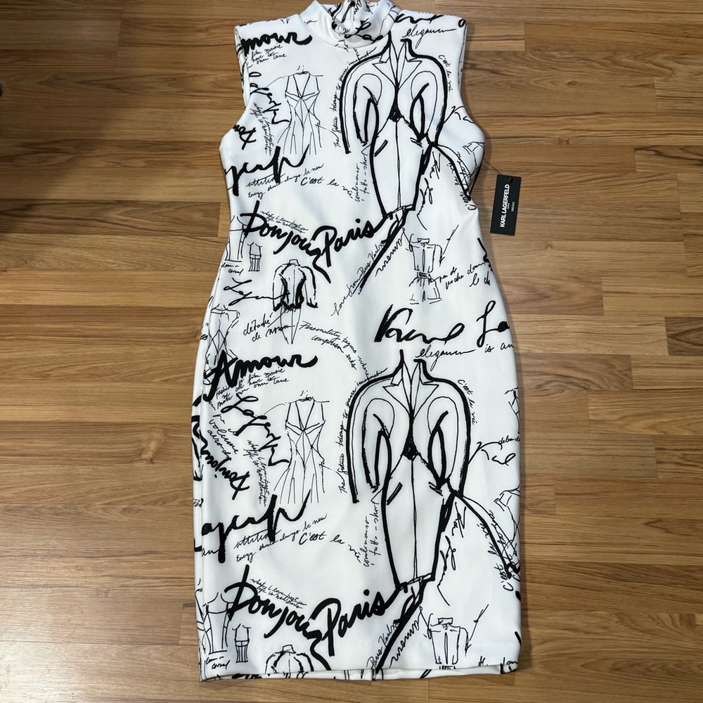 Karl Lagerfeld Printed Paris Print Mock Neck Scuba Sheath Dress